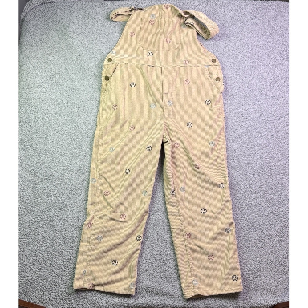 Storia Corduroy Overalls Womens Medium Beige Happy Face Embroidered Boho